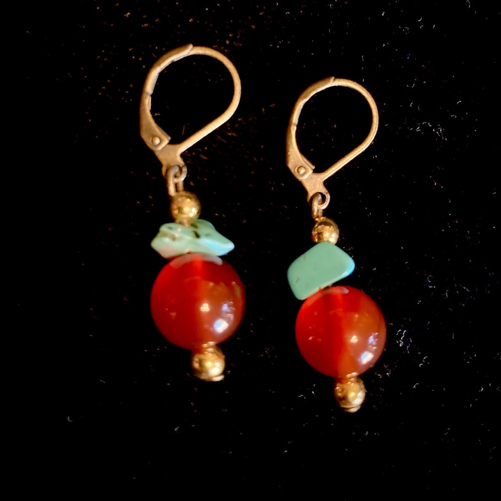 New Carnelian Orb with Turquoise Chip Dangle Drop Lever Back Earrings